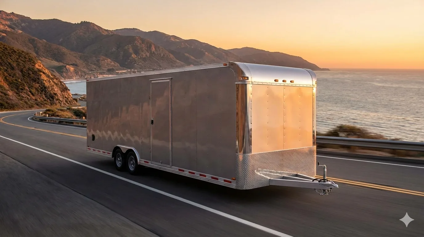 Enclosed car transport trailer traveling on a coastal highway